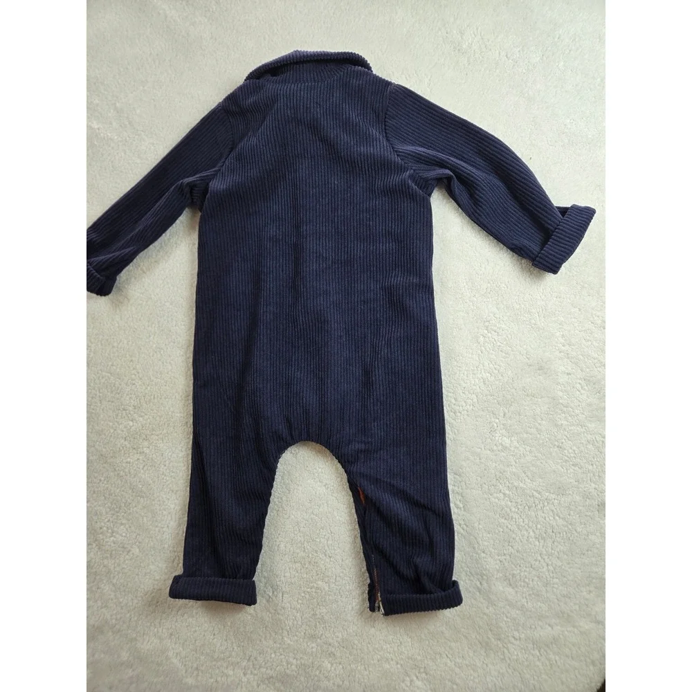 Mud Pie Baby Boy Navy Blue Corduroy Plaid Lined Long Sleeve Romper 3-6M NWT